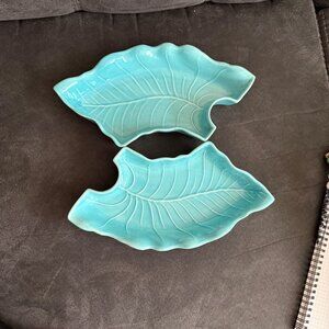 Vintage Turquoise Leaf-Shaped Ceramic Dish Set - USA Made